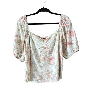 H&M Linen Blend Puff Sleeve Floral Cottagecore Top Cream Size Large